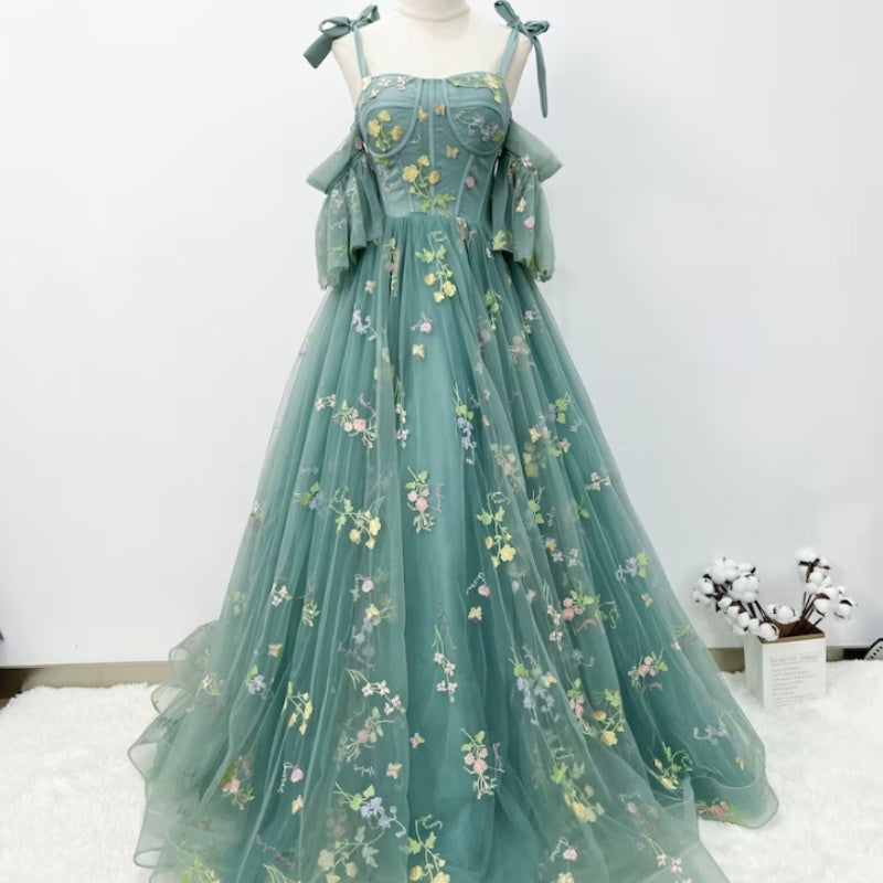 Floral Sling Off-shoulder Sister Dress - Green / S
