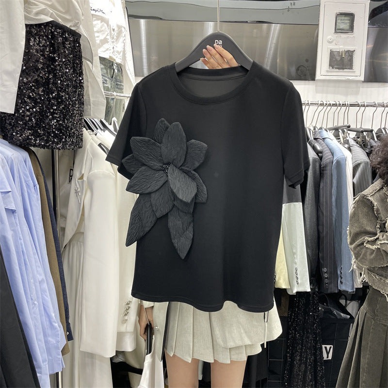 Three-dimensional Flower Air Layer Short-sleeved T-shirt For Women - Black / S