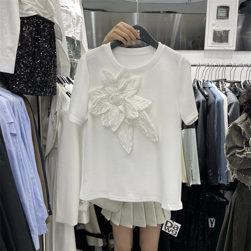 Three-dimensional Flower Air Layer Short-sleeved T-shirt For Women - White / S