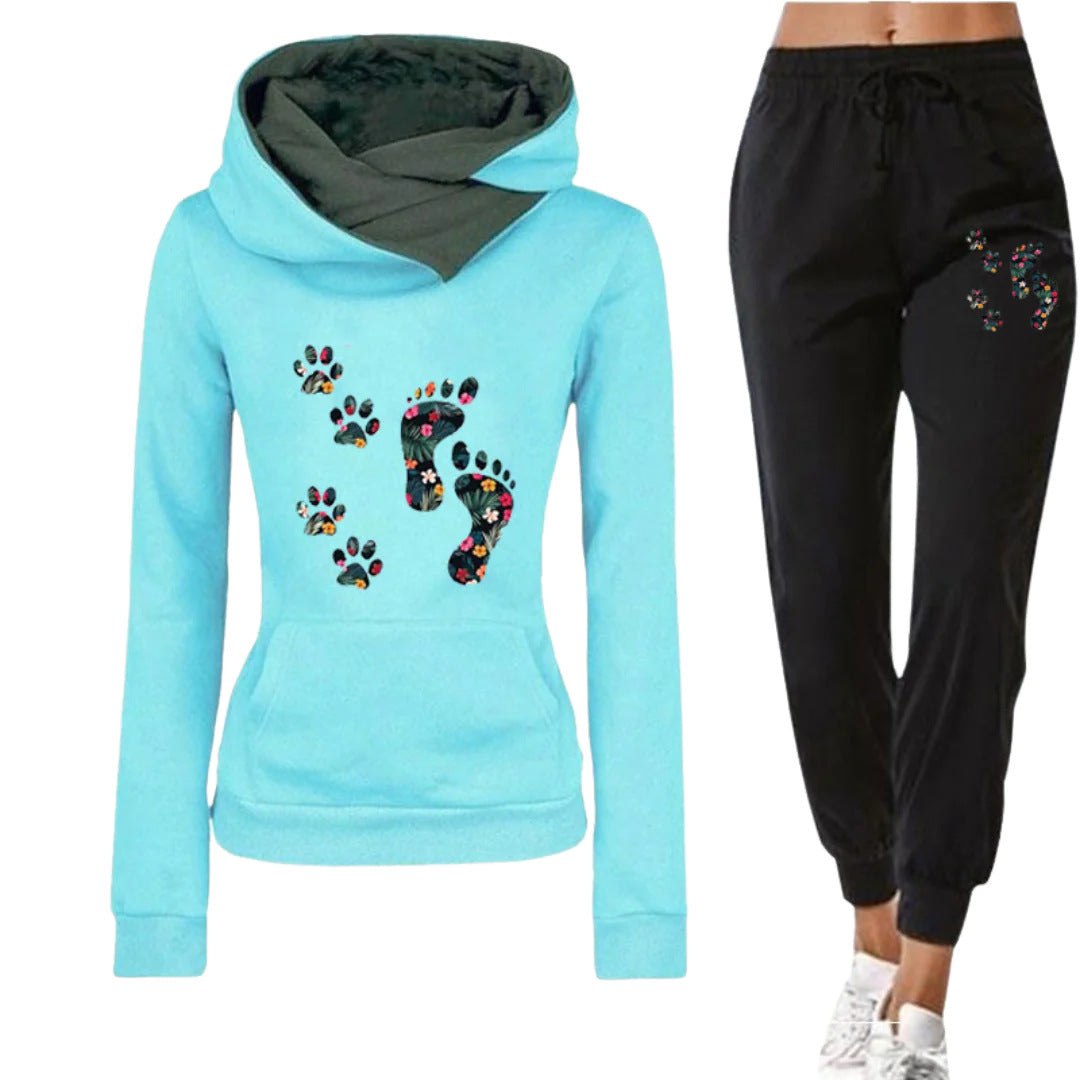 Leisure All-matching Hoodie Flower Big Feet Fun Women’s Sweater Suit - Blue / S