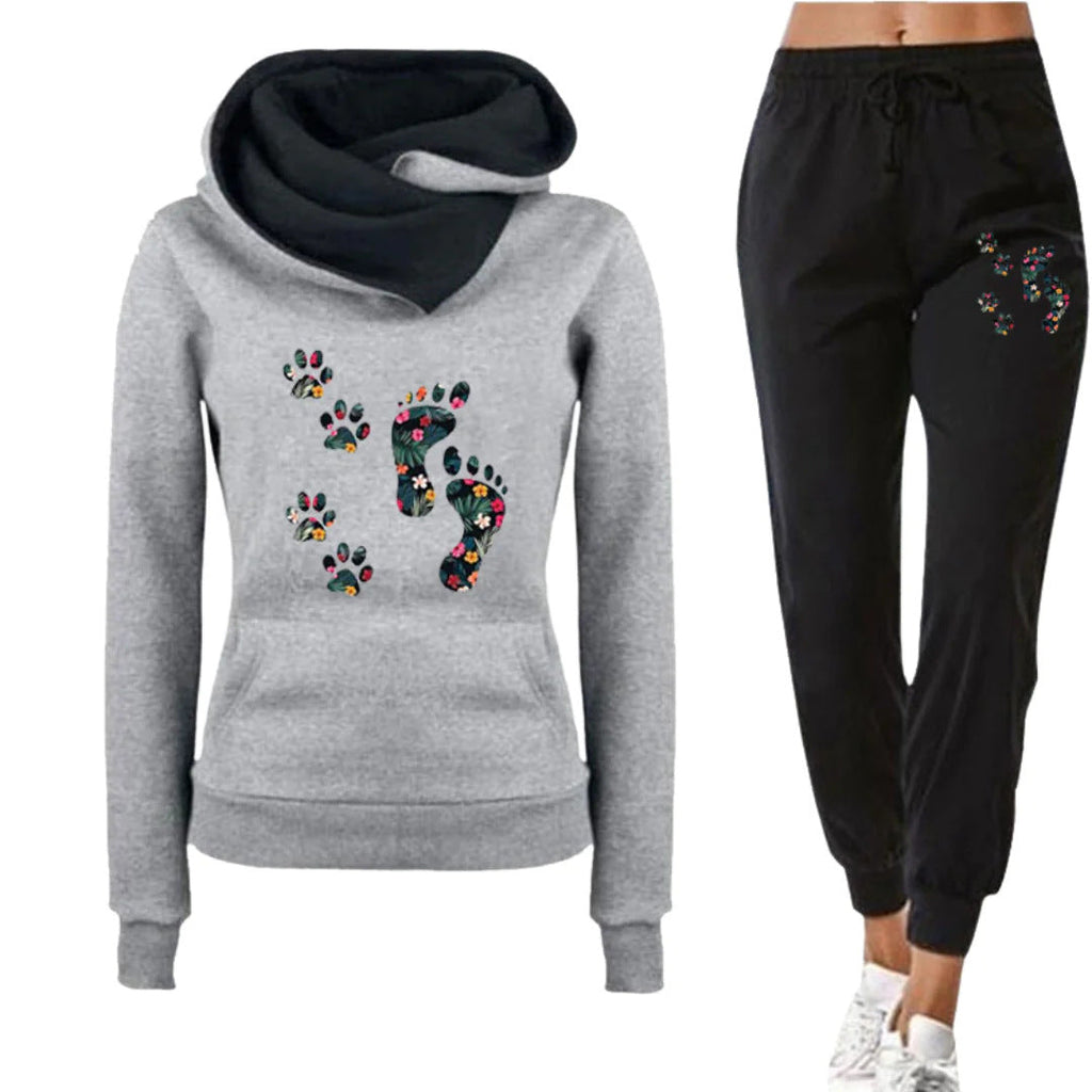 Leisure All-matching Hoodie Flower Big Feet Fun Women’s Sweater Suit - Gray / S