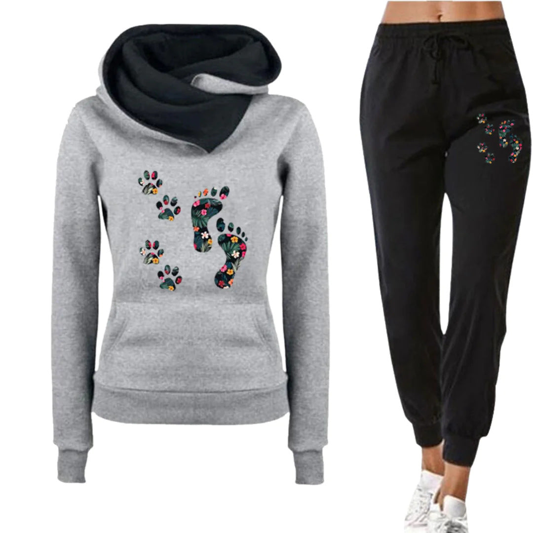 Leisure All-matching Hoodie Flower Big Feet Fun Women’s Sweater Suit - Gray / S
