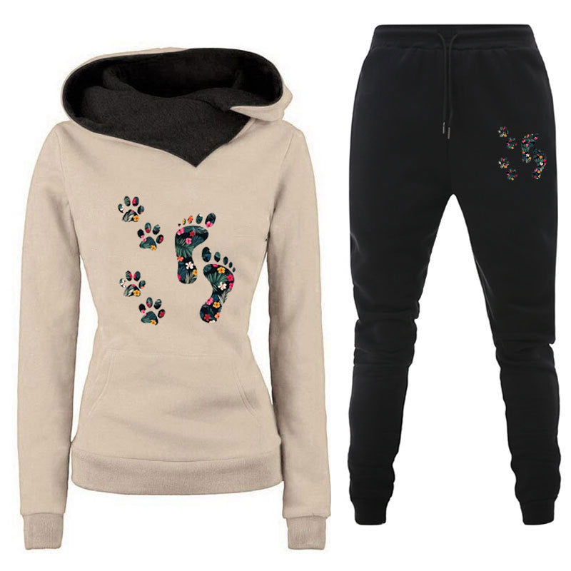 Leisure All-matching Hoodie Flower Big Feet Fun Women’s Sweater Suit - Khaki / S