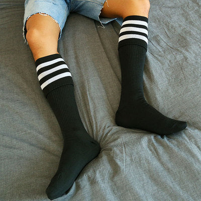 Folded striped over-the-knee high-tube long socks - Black / One size
