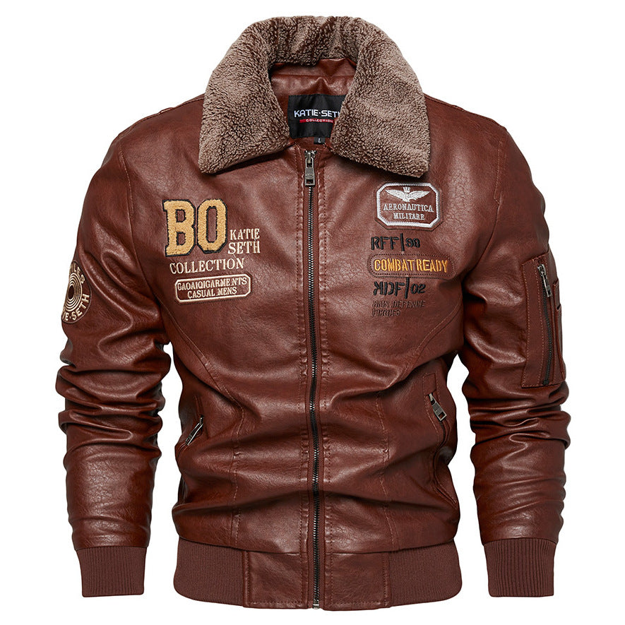 Foreign Trade New Men’s Casual Fashion Leather Slim Fit Leather Jacket Coat - Purplish Red / L