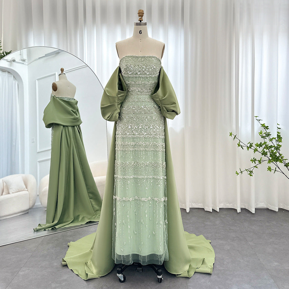 Foreign Trade Tube Top Heavy Industry Beads Off-shoulder Satin Trailing Evening Dress - Light Green / 2