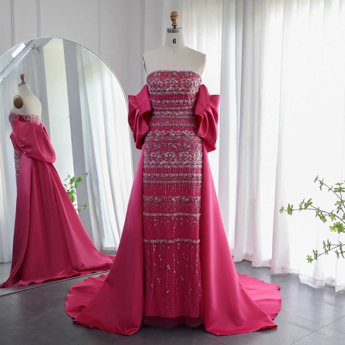Foreign Trade Tube Top Heavy Industry Beads Off-shoulder Satin Trailing Evening Dress - Rose Red / 2