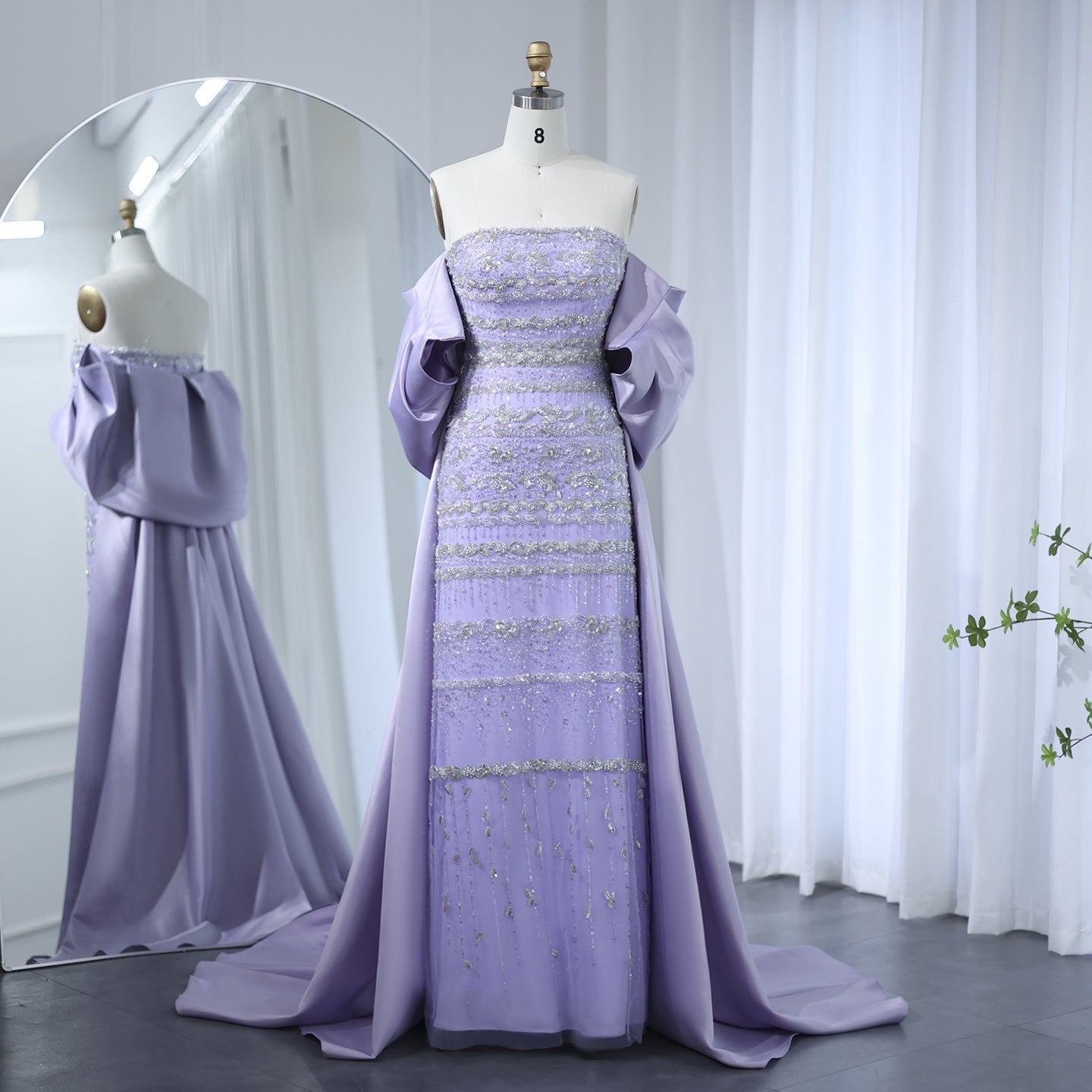 Foreign Trade Tube Top Heavy Industry Beads Off-shoulder Satin Trailing Evening Dress - Lavender Purple / 2