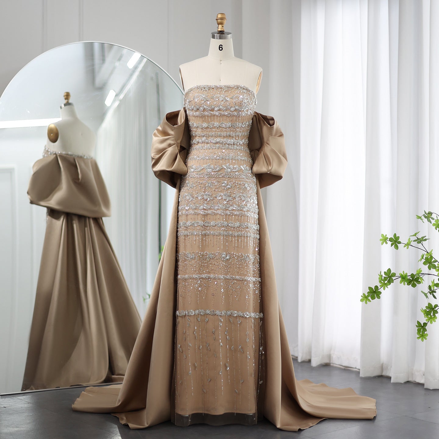 Foreign Trade Tube Top Heavy Industry Beads Off-shoulder Satin Trailing Evening Dress - Champagne / 2