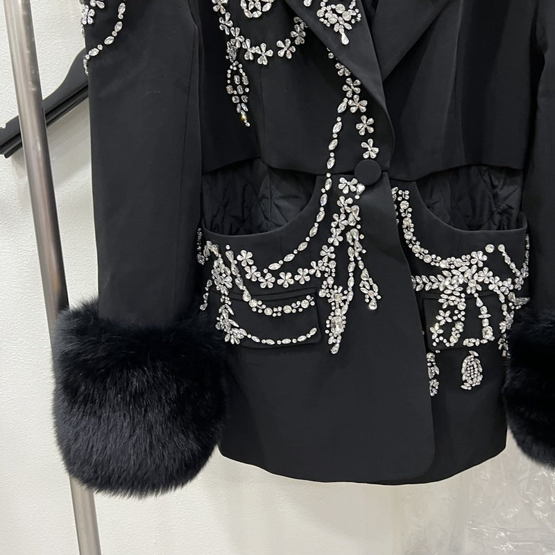 European And American Suit Jacket Women’s Fox Fur Fur Diamond Studded By Hand Plus Cotton Coat