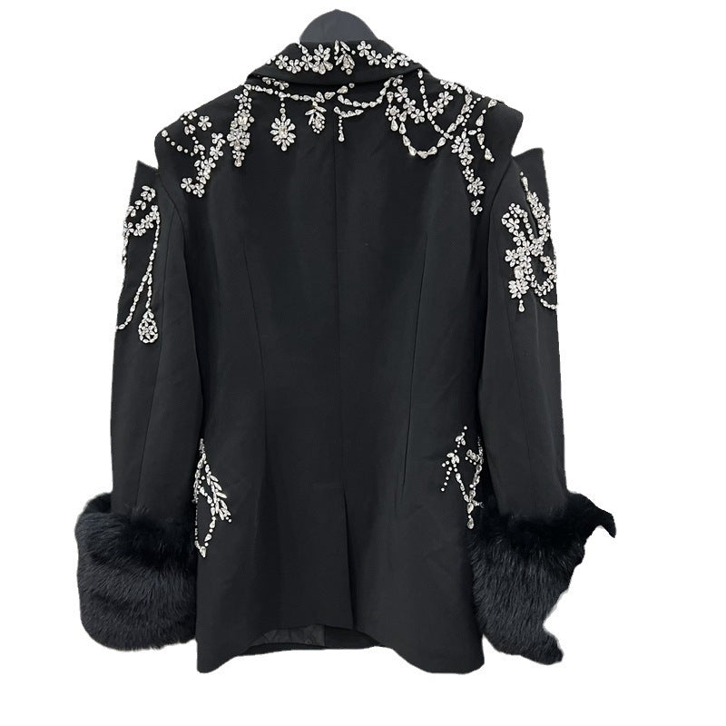 European And American Suit Jacket Women’s Fox Fur Fur Diamond Studded By Hand Plus Cotton Coat