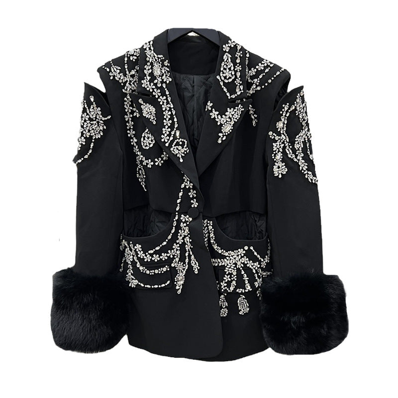 European And American Suit Jacket Women’s Fox Fur Fur Diamond Studded By Hand Plus Cotton Coat - Black / S