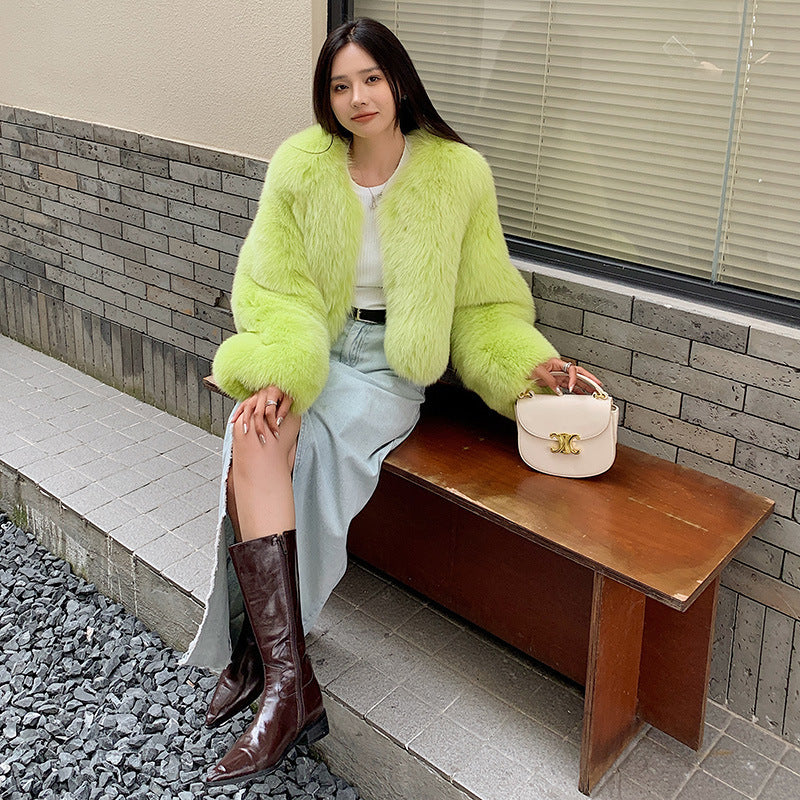 Fox Fur Whole Leather New Young Fur Coat Women’s Short High Waist - Fluorescent Green / S