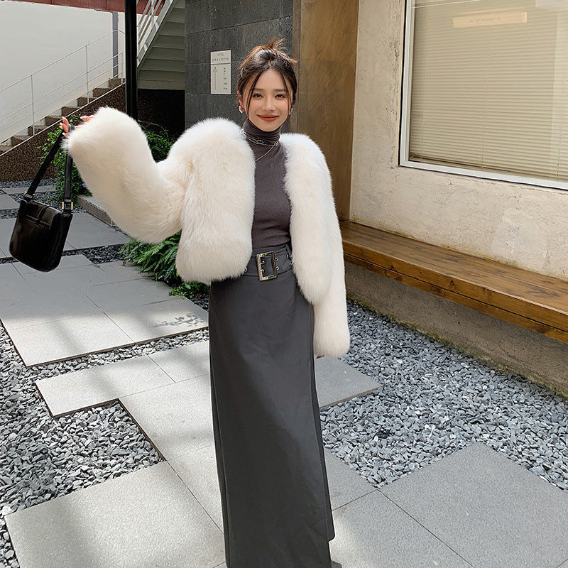 Fox Fur Whole Leather New Young Fur Coat Women’s Short High Waist - Beige / S