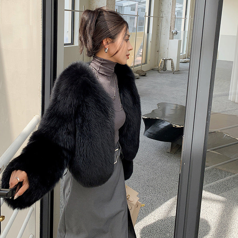 Fox Fur Whole Leather New Young Fur Coat Women’s Short High Waist - Black / S