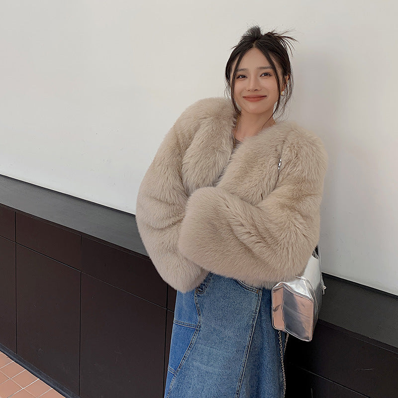 Fox Fur Whole Leather New Young Fur Coat Women’s Short High Waist - Milk Tea Color / S