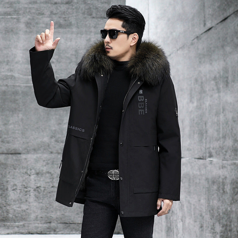 Fox Inner Pot Raccoon Hair Collar Fur Coat - Army Green / L48
