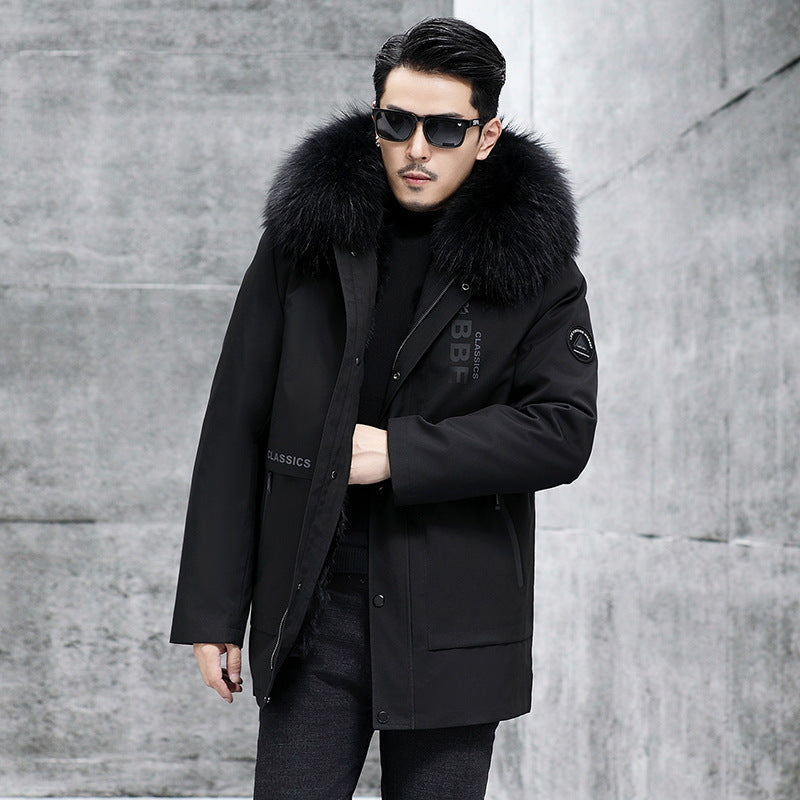 Fox Inner Pot Raccoon Hair Collar Fur Coat - Black / L48