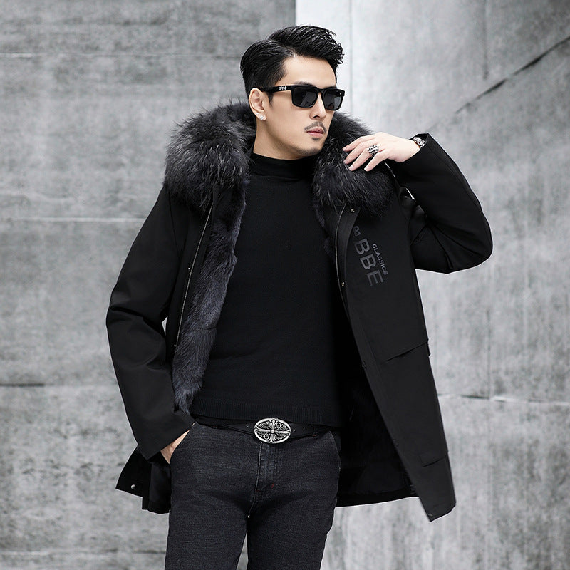 Fox Inner Pot Raccoon Hair Collar Fur Coat - Dark Gray / L48