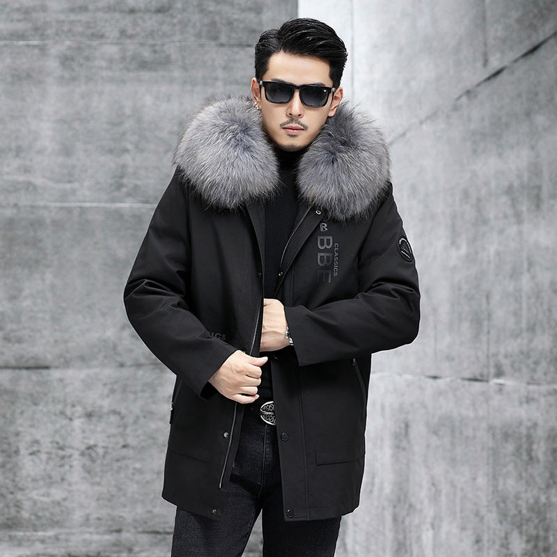 Fox Inner Pot Raccoon Hair Collar Fur Coat - Fog And Haze Blue / L48