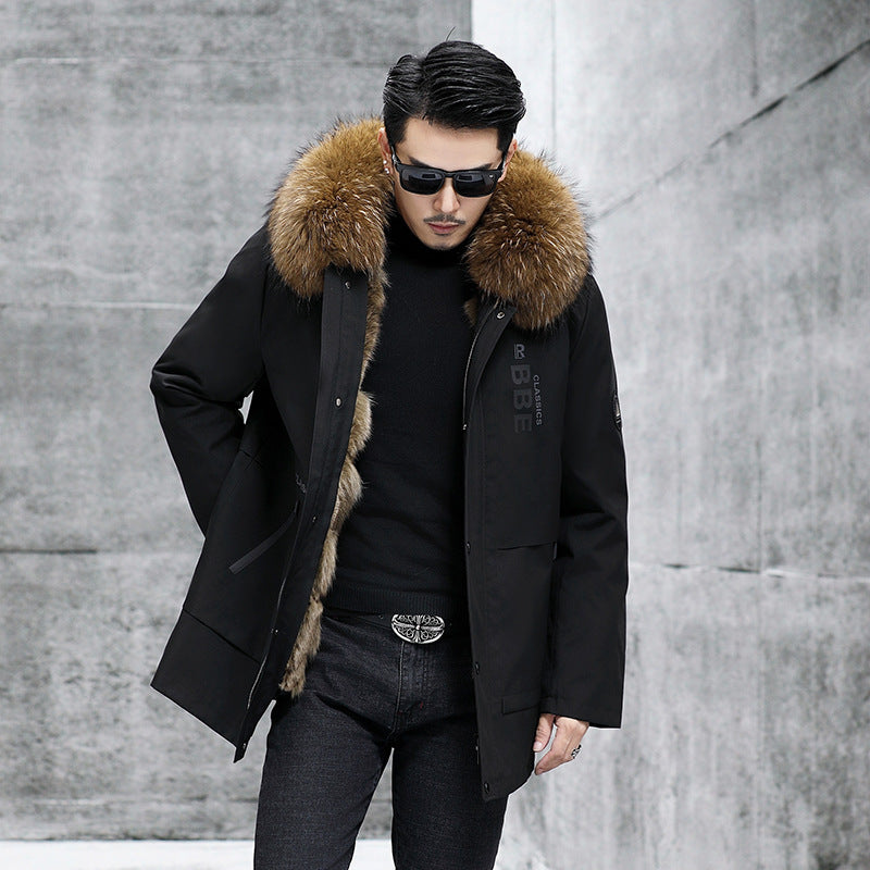Fox Inner Pot Raccoon Hair Collar Fur Coat - Khaki / L48