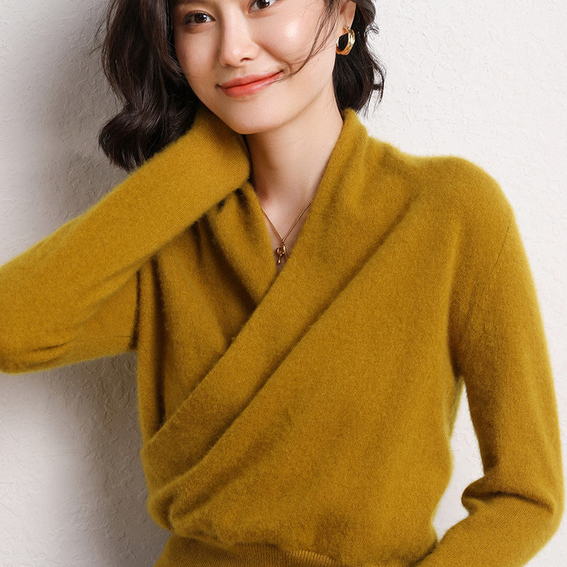French Cross V-neck Cashmere Sweater Women Loose-fitting Outside - Autumn yellow / M
