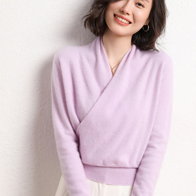 French Cross V-neck Cashmere Sweater Women Loose-fitting Outside - Lilac purple / M