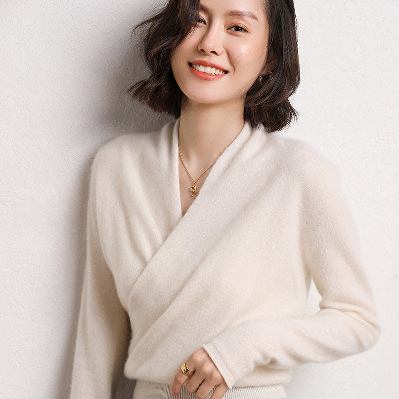 French Cross V-neck Cashmere Sweater Women Loose-fitting Outside - Milk white / M