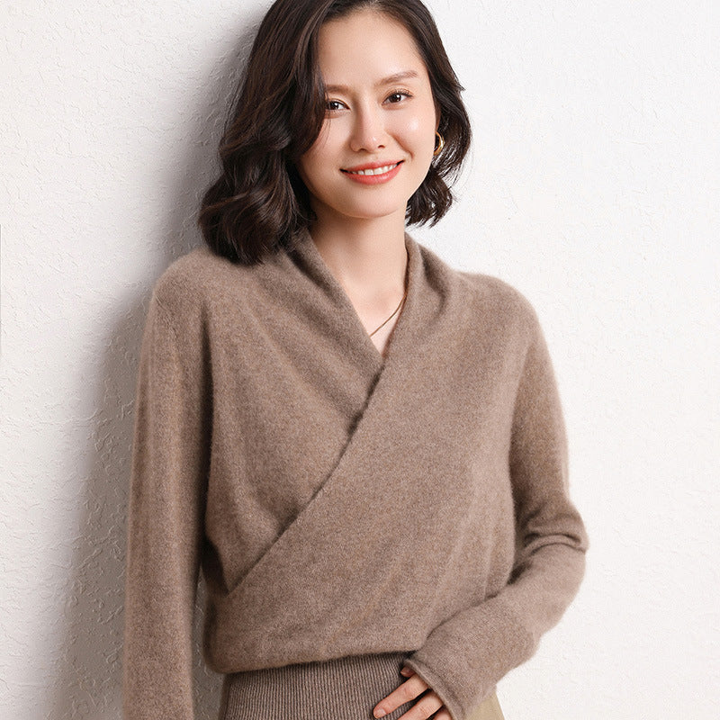 French Cross V-neck Cashmere Sweater Women Loose-fitting Outside - Original velvet color / M