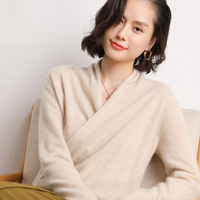 French Cross V-neck Cashmere Sweater Women Loose-fitting Outside - Vanilla beige / M