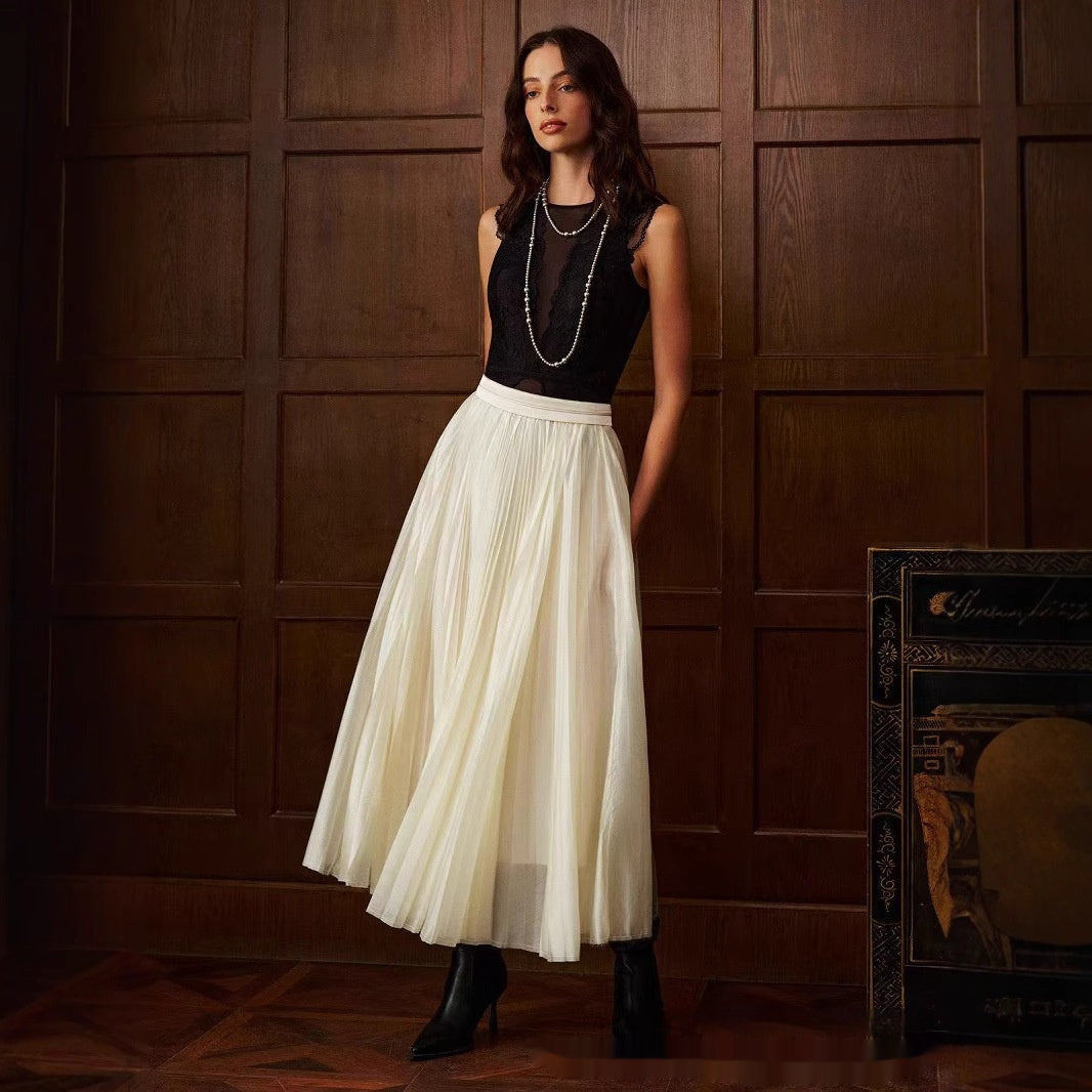 French Style Pleated Stitching High Waist Skirt