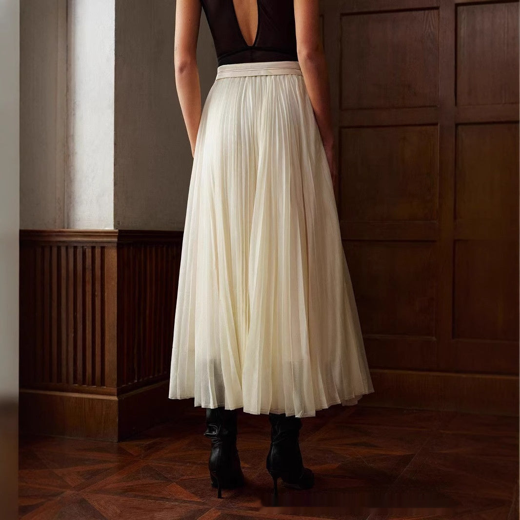 French Style Pleated Stitching High Waist Skirt