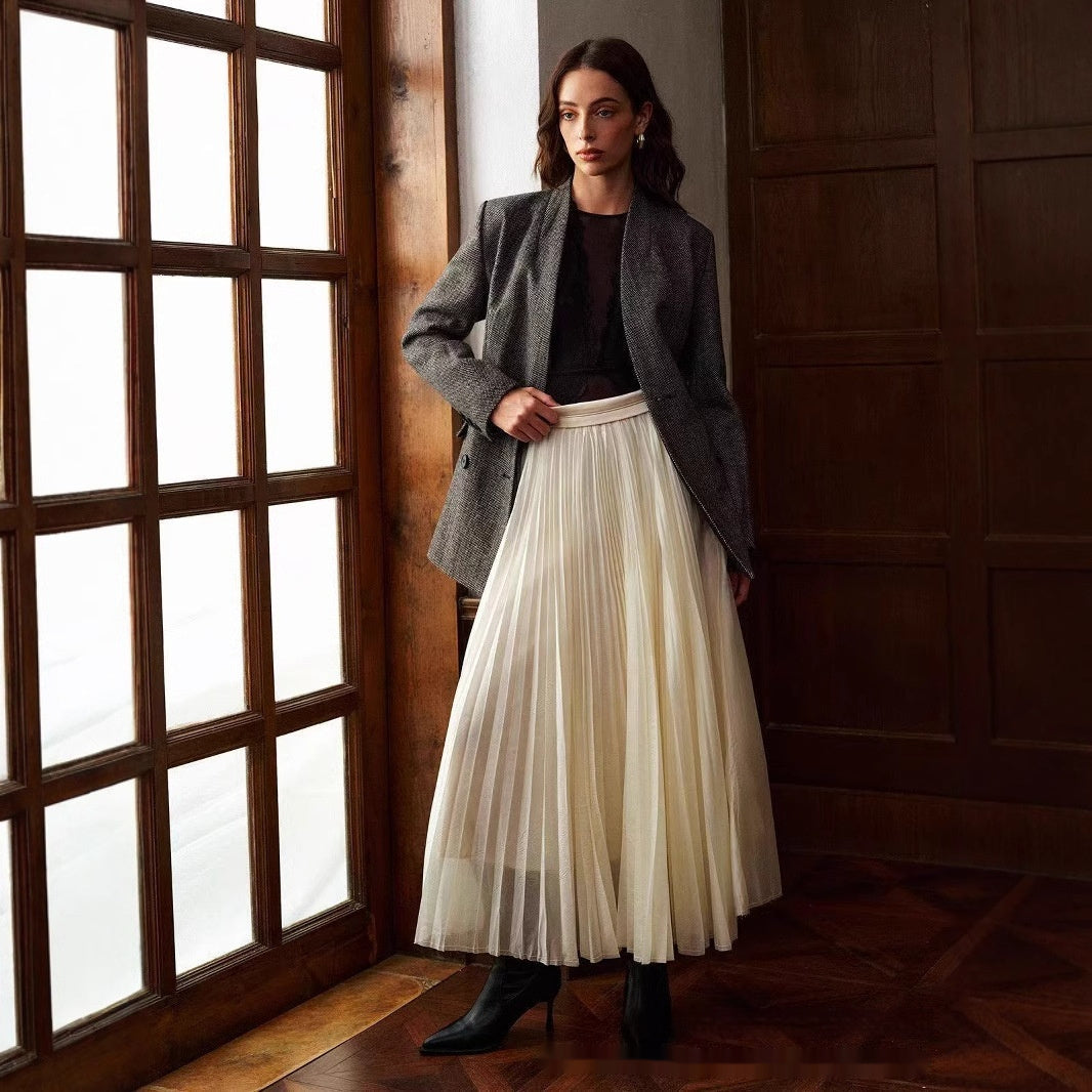 French Style Pleated Stitching High Waist Skirt