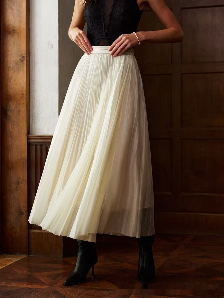 French Style Pleated Stitching High Waist Skirt - White / XS