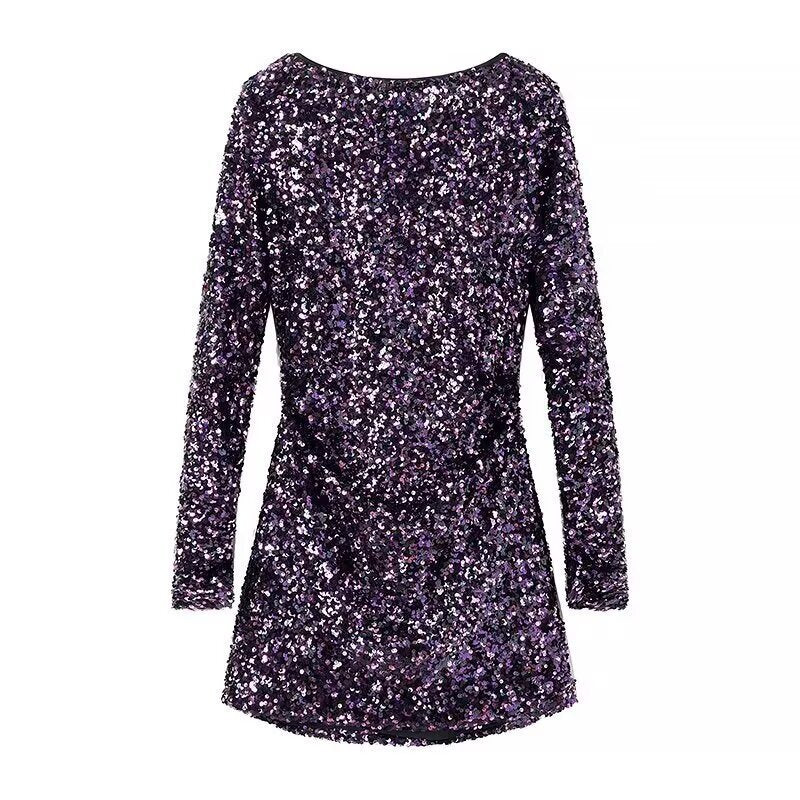 French Style Retro Crew Neck Long Sleeve Sequined Backless Dress - Dark Purple / XS