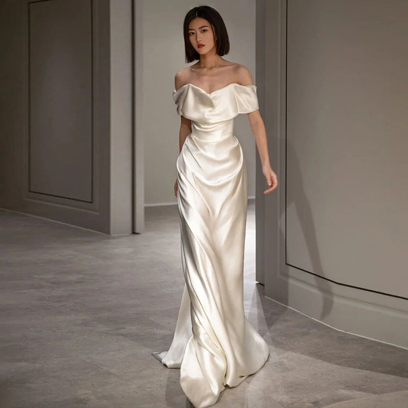 French White Off-shoulder Light Wedding Dress - White / XS