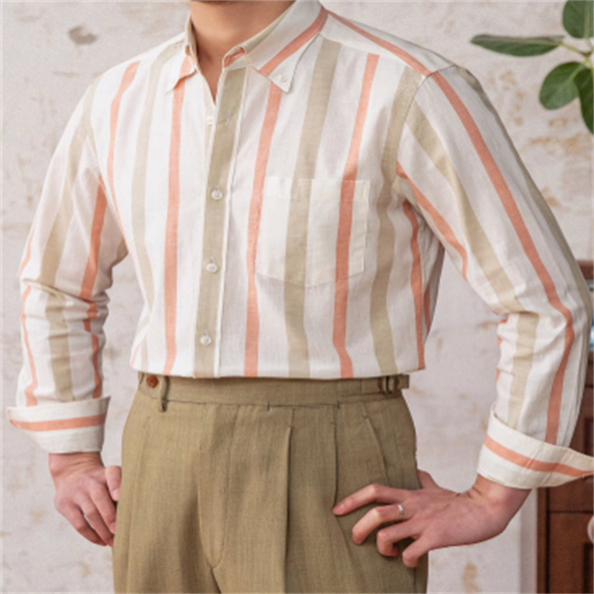 Men’s Breathable All-match Concealed Buttoned Pointed Collar Shirt - White pink and green / M
