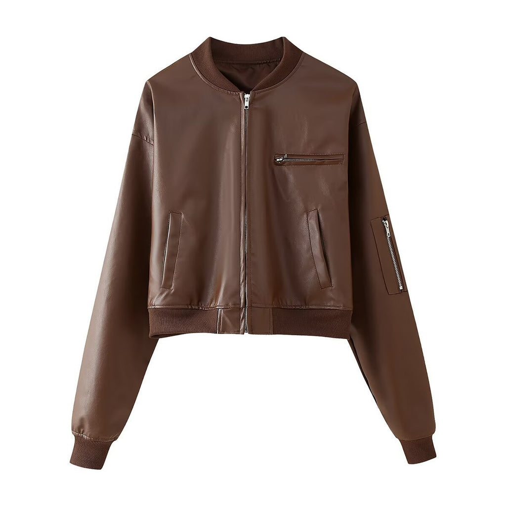 Short Jacket Fried Street Leather Clothing With Stand Collar Coat - Dark Brown / S