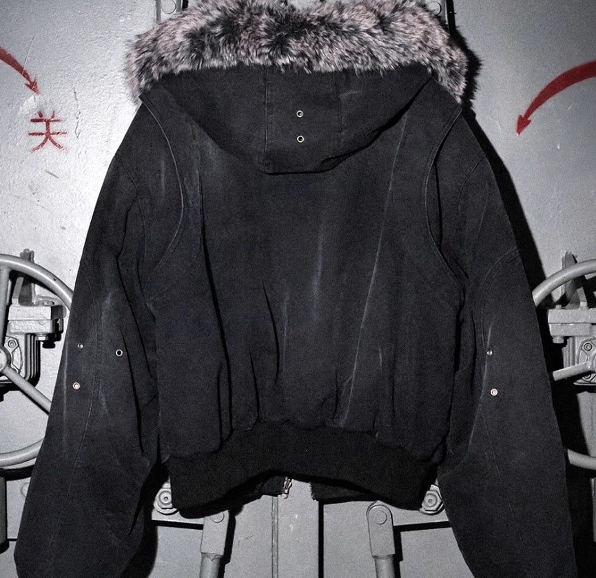 Fur Collar Washed Canvas Split Mountain Carving Jacket