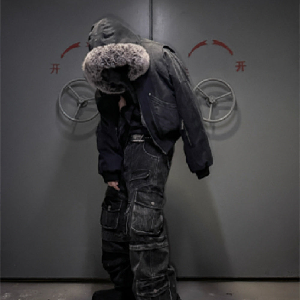 Fur Collar Washed Canvas Split Mountain Carving Jacket