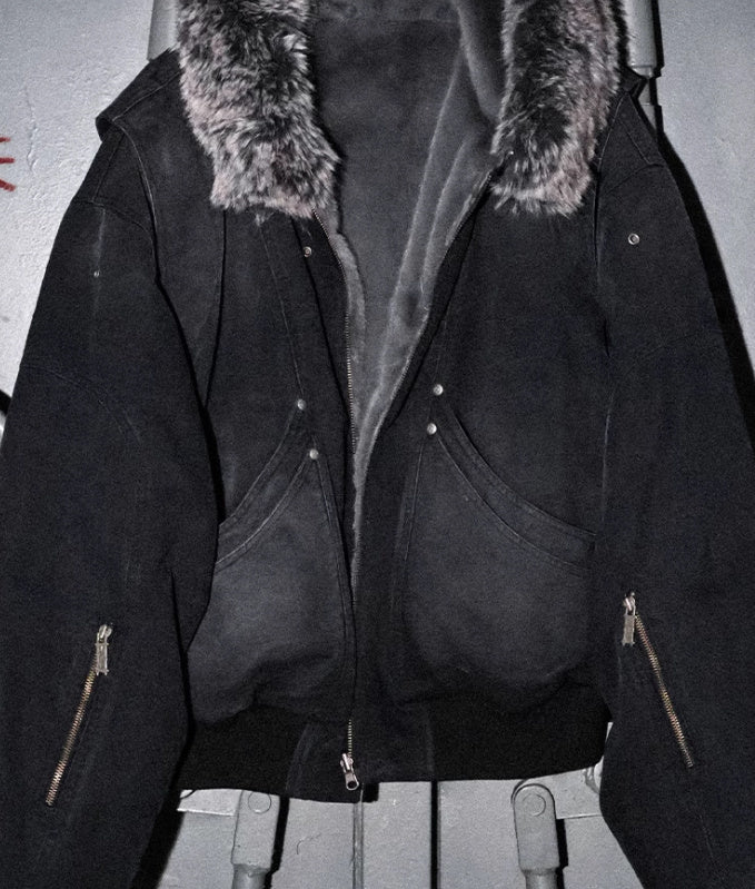 Fur Collar Washed Canvas Split Mountain Carving Jacket - Haze Blue / M
