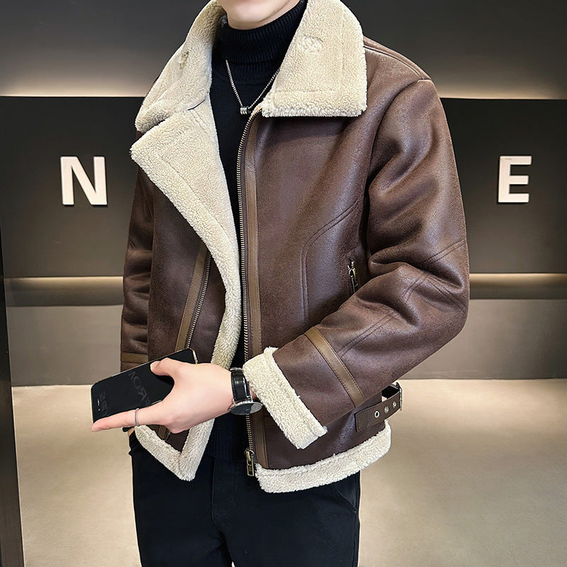 Fur Integrated Motorcycle Jacket Men’s Fleece-lined Thickened Leather Jacket