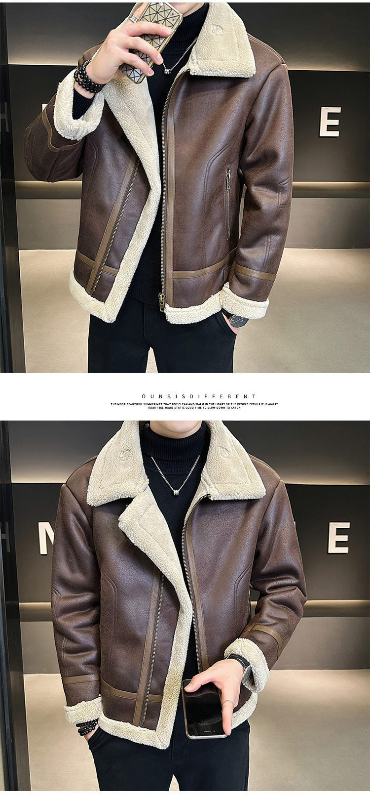 Fur Integrated Motorcycle Jacket Men’s Fleece-lined Thickened Leather Jacket