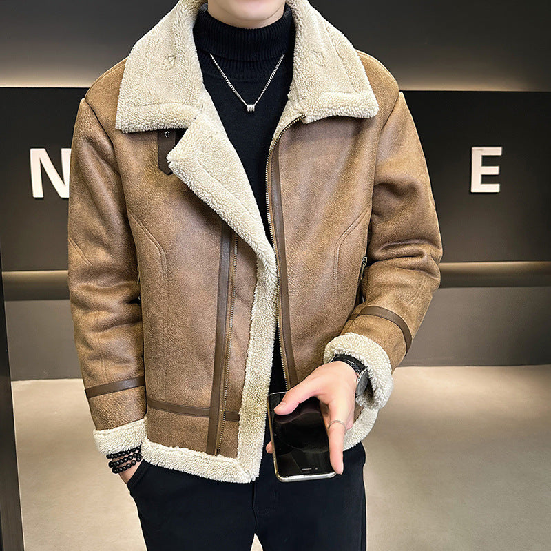 Fur Integrated Motorcycle Jacket Men’s Fleece-lined Thickened Leather Jacket - Khaki / M