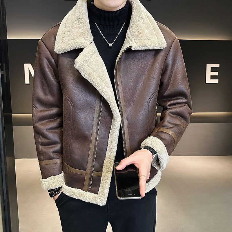 Fur Integrated Motorcycle Jacket Men’s Fleece-lined Thickened Leather Jacket