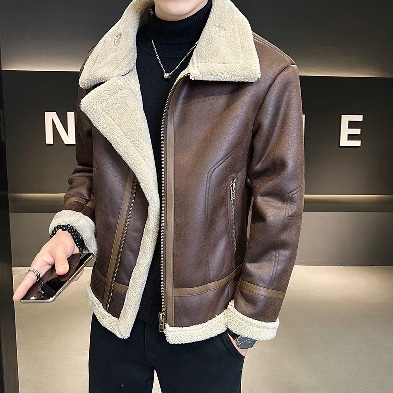Fur Integrated Motorcycle Jacket Men’s Fleece-lined Thickened Leather Jacket