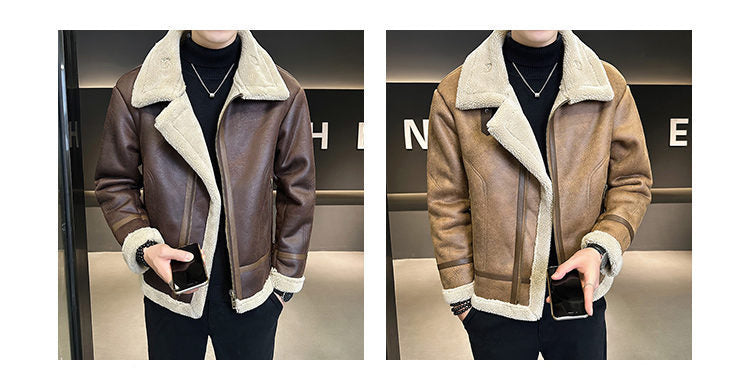 Fur Integrated Motorcycle Jacket Men’s Fleece-lined Thickened Leather Jacket