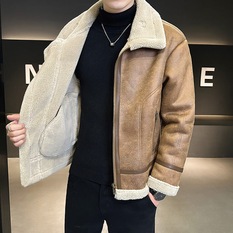 Fur Integrated Motorcycle Jacket Men’s Fleece-lined Thickened Leather Jacket