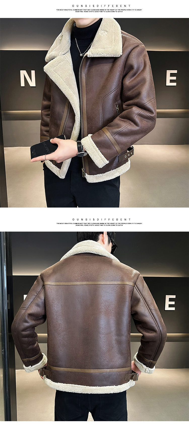 Fur Integrated Motorcycle Jacket Men’s Fleece-lined Thickened Leather Jacket