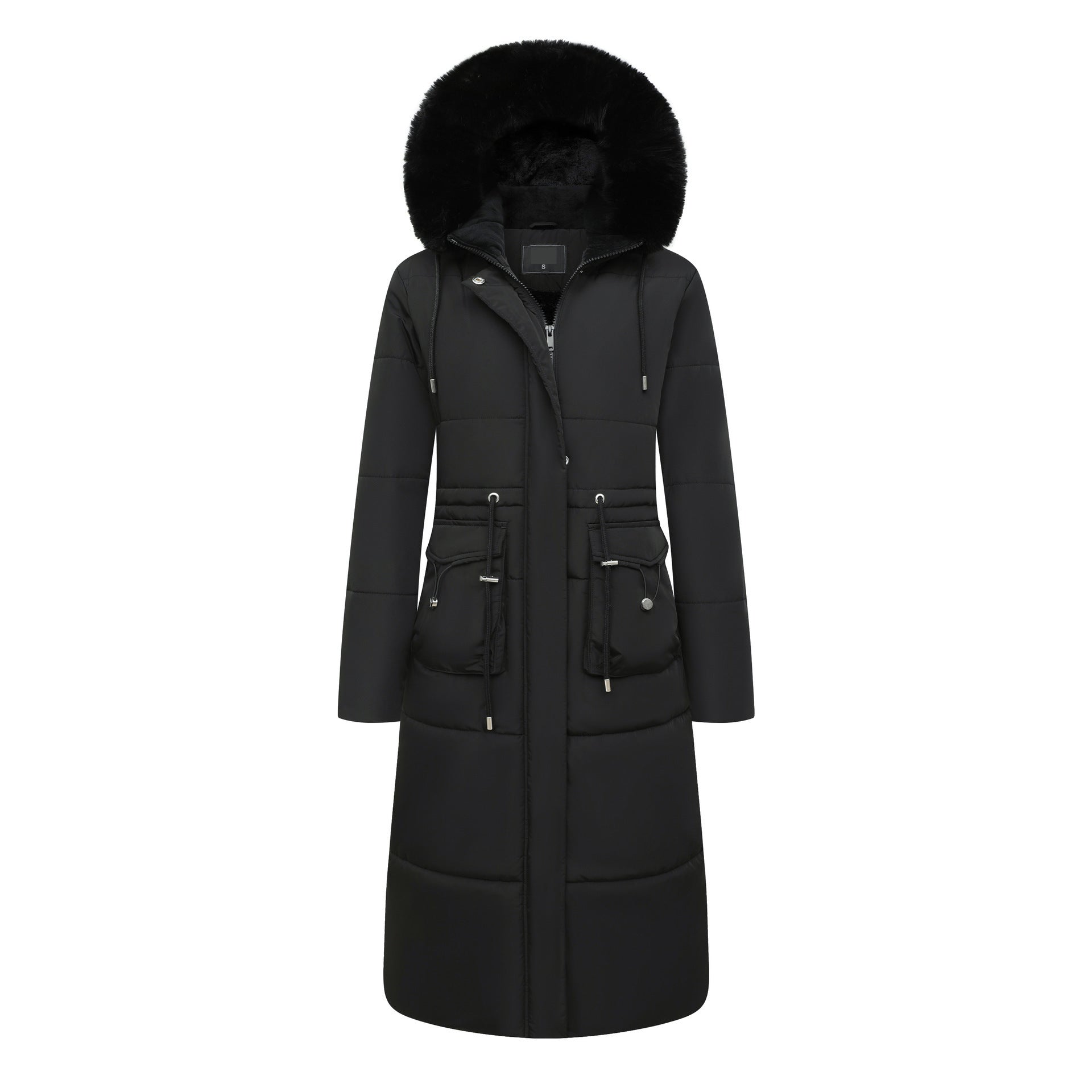 Women’s Cotton Jacket Drawstring Cinched Hoodie Fleece-lined Warm - Black / S